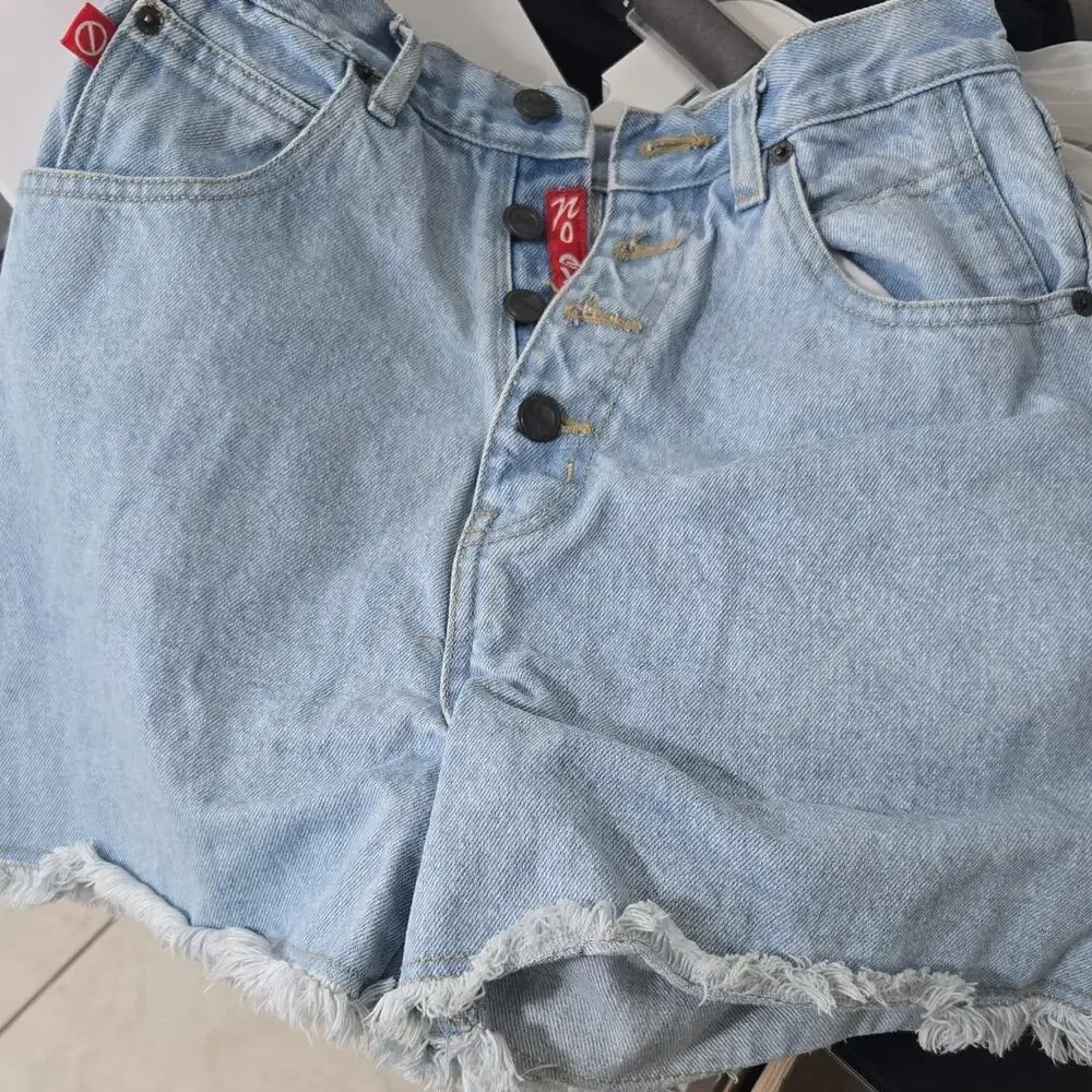 No Excuses Femme Fatale Women's Cut Off Denim Shorts Light Blue Cotton 8/10 Poc…